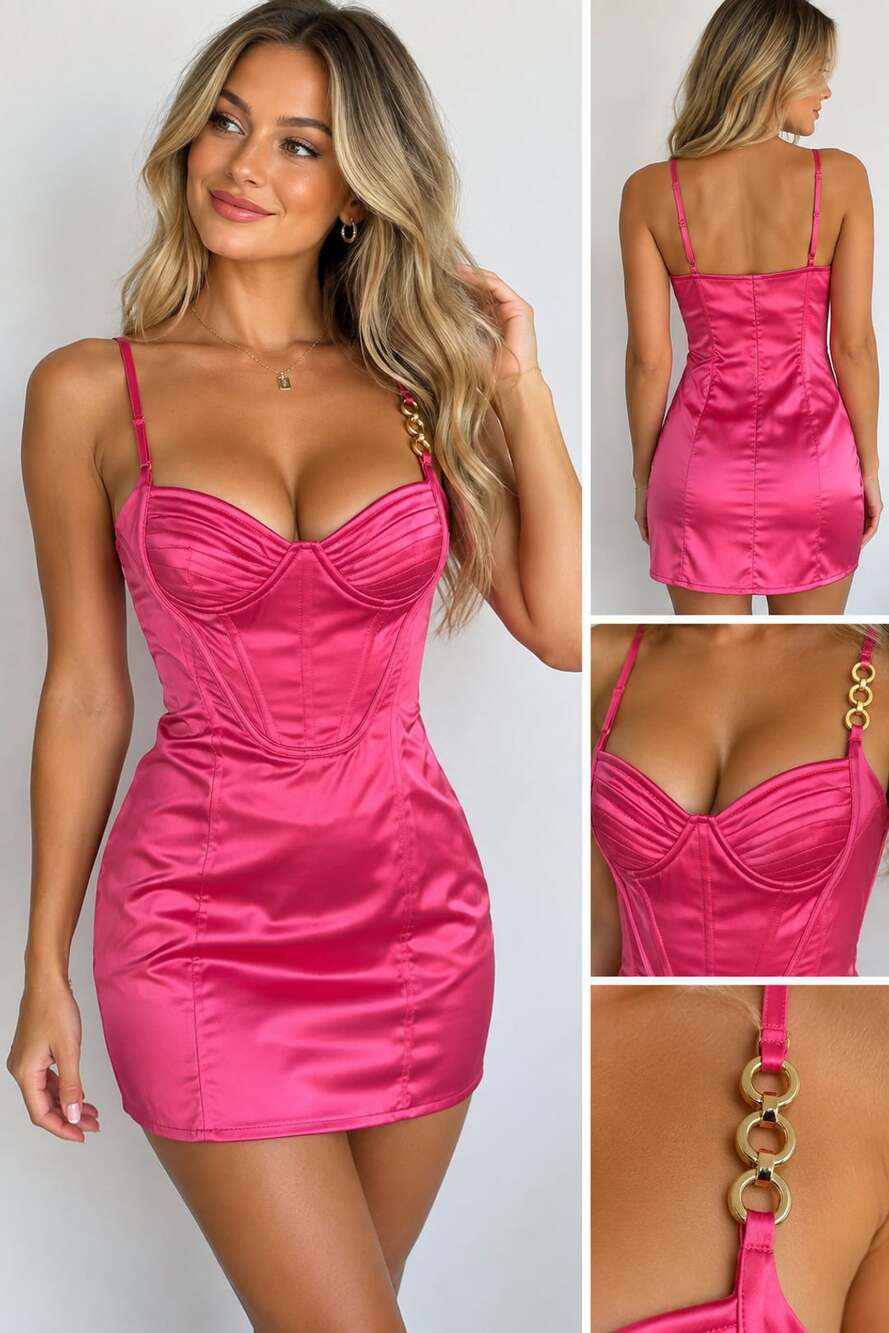 FINESSE Hot Pink Satin Corset Mini Dress Size M Y2K Barbiecore